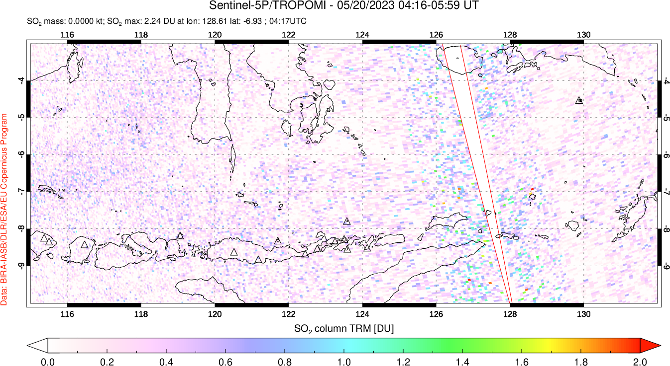 A sulfur dioxide image over Lesser Sunda Islands, Indonesia on May 20, 2023.