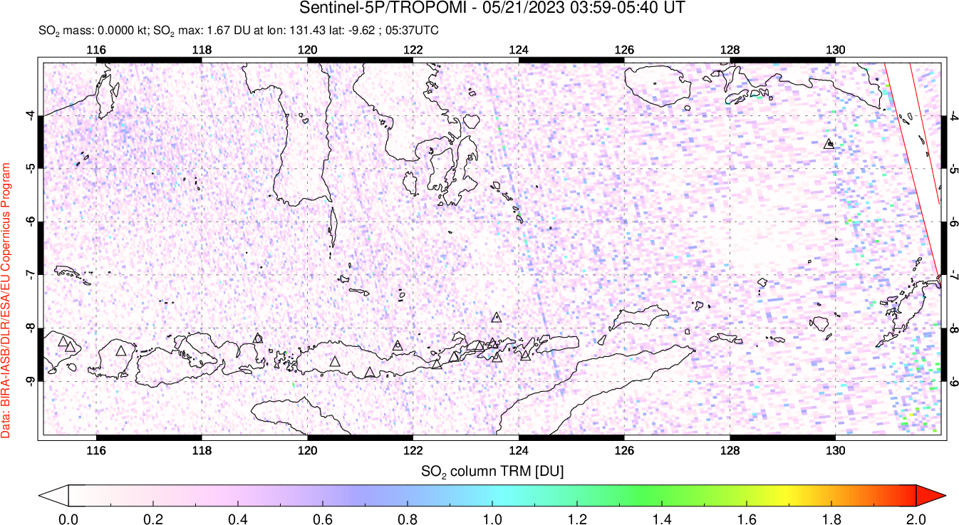 A sulfur dioxide image over Lesser Sunda Islands, Indonesia on May 21, 2023.