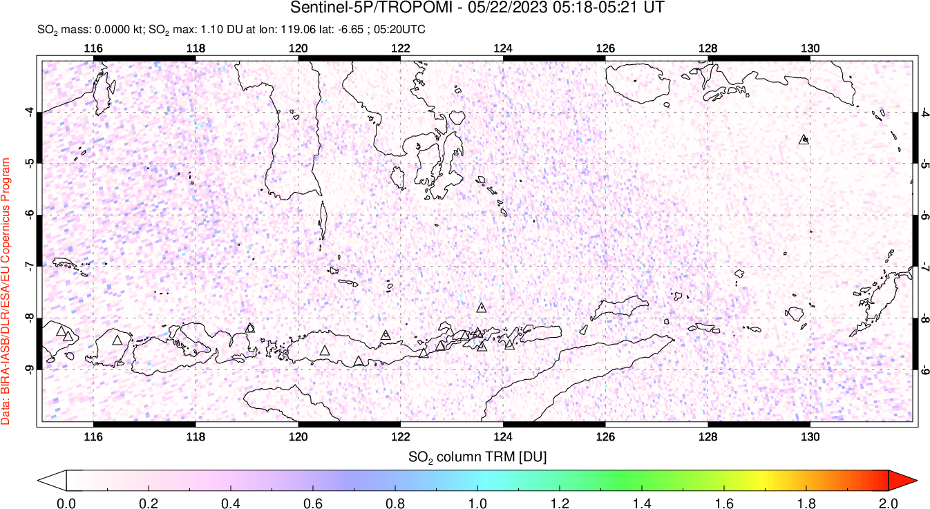 A sulfur dioxide image over Lesser Sunda Islands, Indonesia on May 22, 2023.