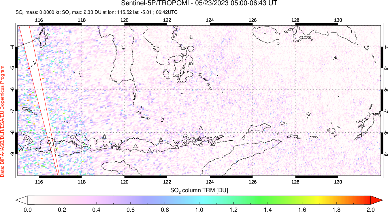 A sulfur dioxide image over Lesser Sunda Islands, Indonesia on May 23, 2023.
