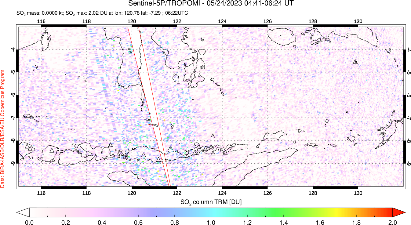 A sulfur dioxide image over Lesser Sunda Islands, Indonesia on May 24, 2023.