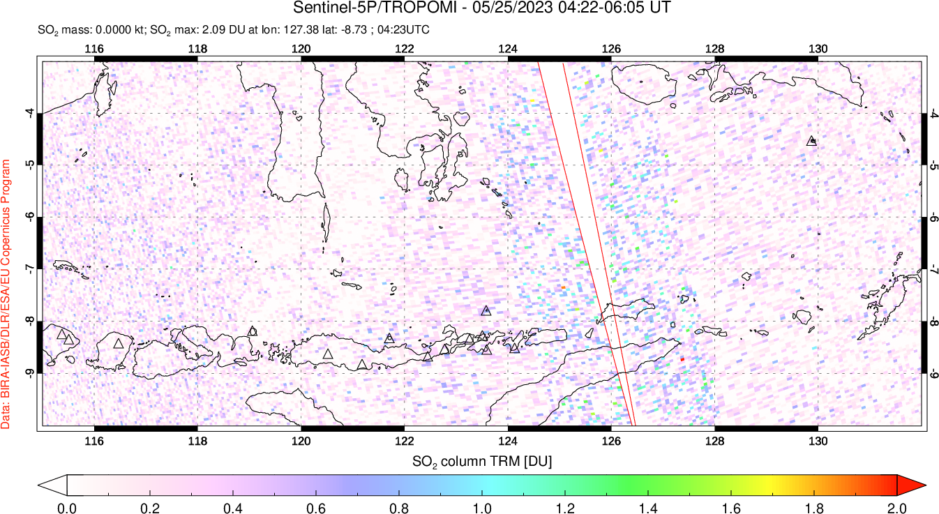 A sulfur dioxide image over Lesser Sunda Islands, Indonesia on May 25, 2023.