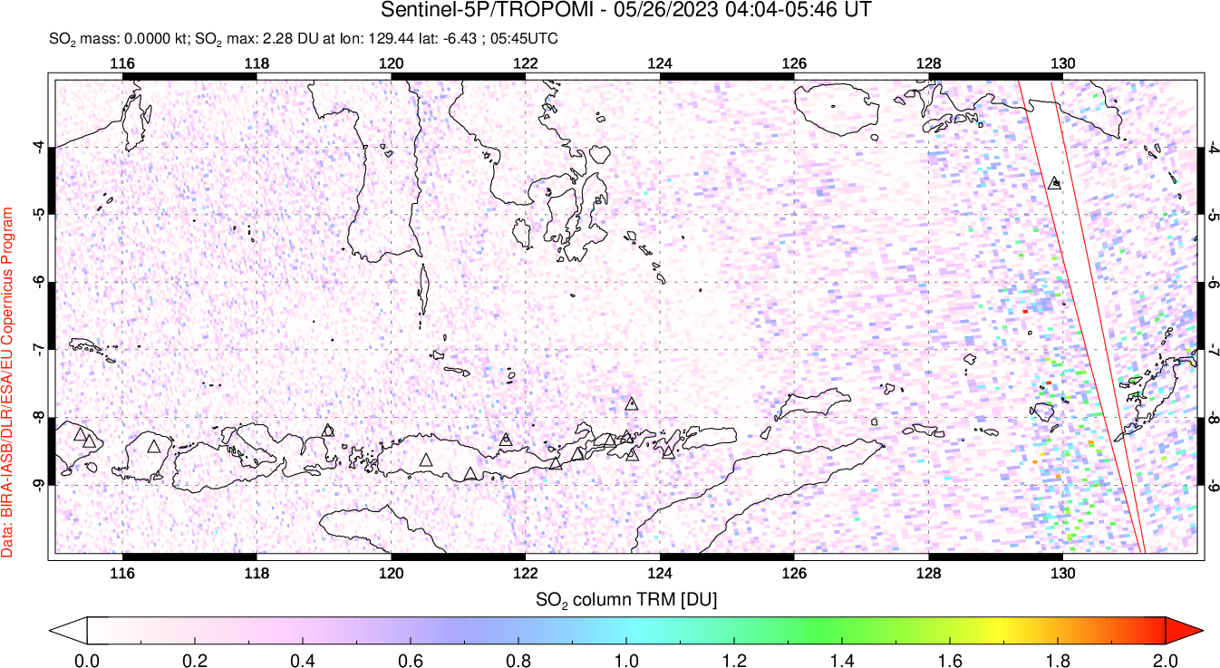 A sulfur dioxide image over Lesser Sunda Islands, Indonesia on May 26, 2023.