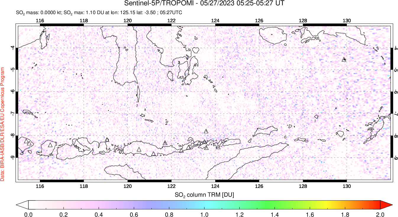 A sulfur dioxide image over Lesser Sunda Islands, Indonesia on May 27, 2023.