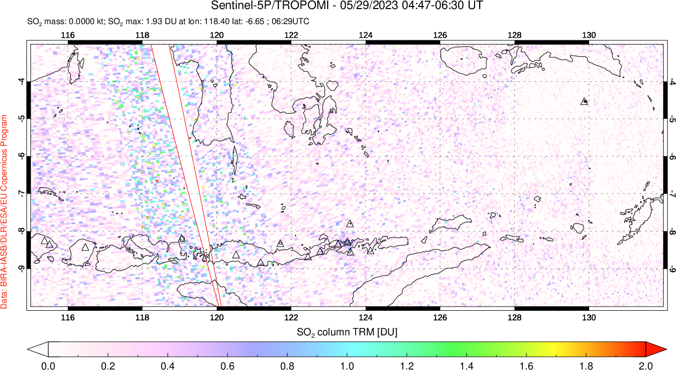 A sulfur dioxide image over Lesser Sunda Islands, Indonesia on May 29, 2023.