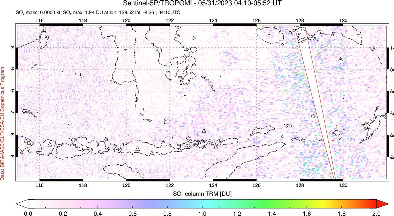 A sulfur dioxide image over Lesser Sunda Islands, Indonesia on May 31, 2023.