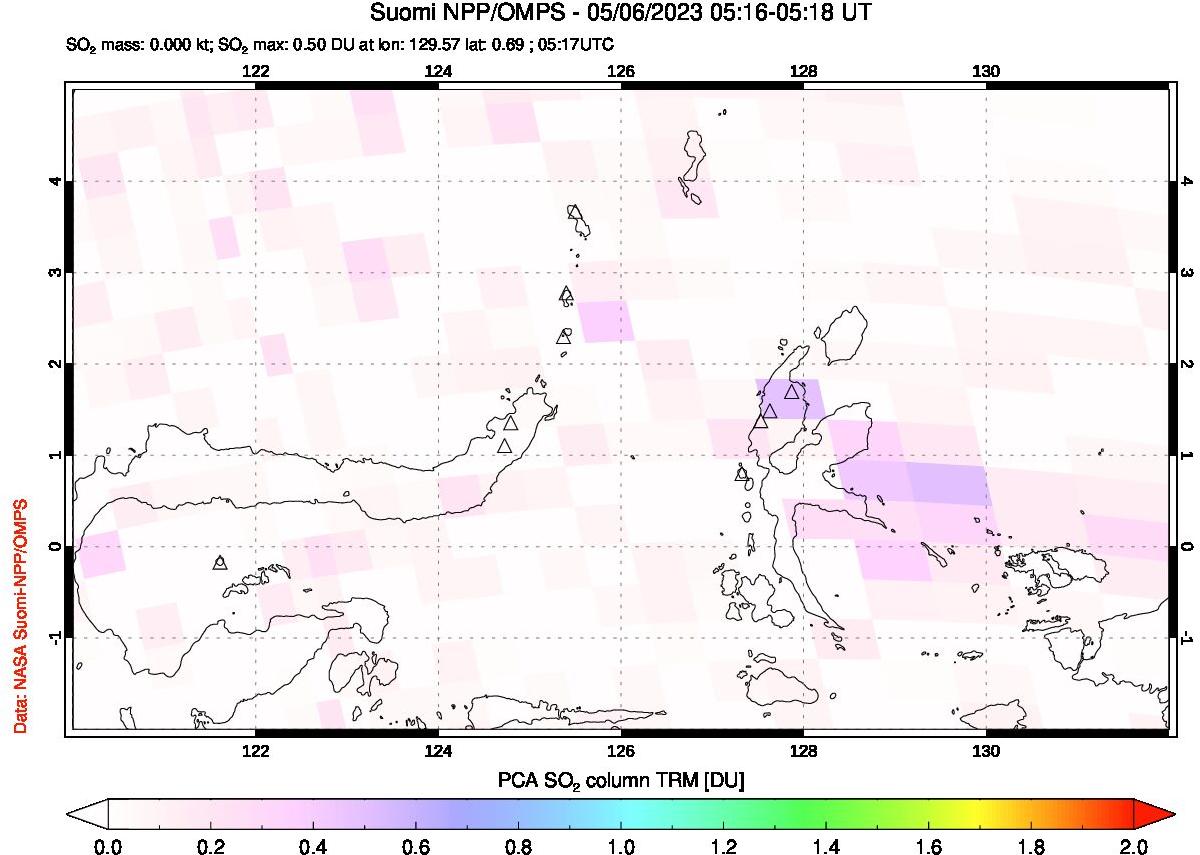 A sulfur dioxide image over Northern Sulawesi & Halmahera, Indonesia on May 06, 2023.
