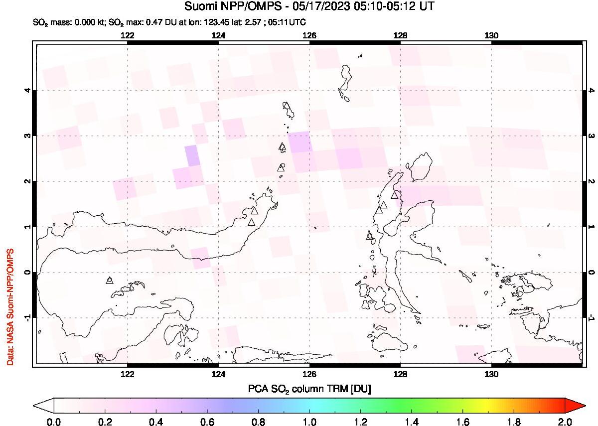 A sulfur dioxide image over Northern Sulawesi & Halmahera, Indonesia on May 17, 2023.