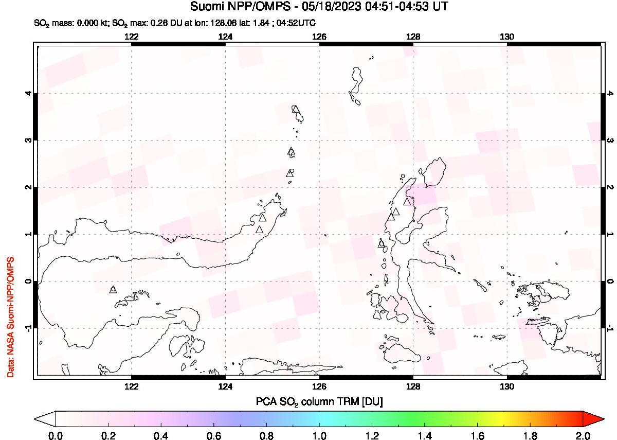 A sulfur dioxide image over Northern Sulawesi & Halmahera, Indonesia on May 18, 2023.