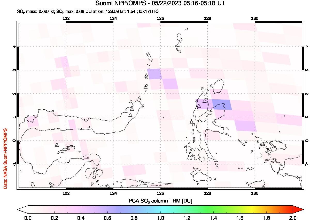A sulfur dioxide image over Northern Sulawesi & Halmahera, Indonesia on May 22, 2023.