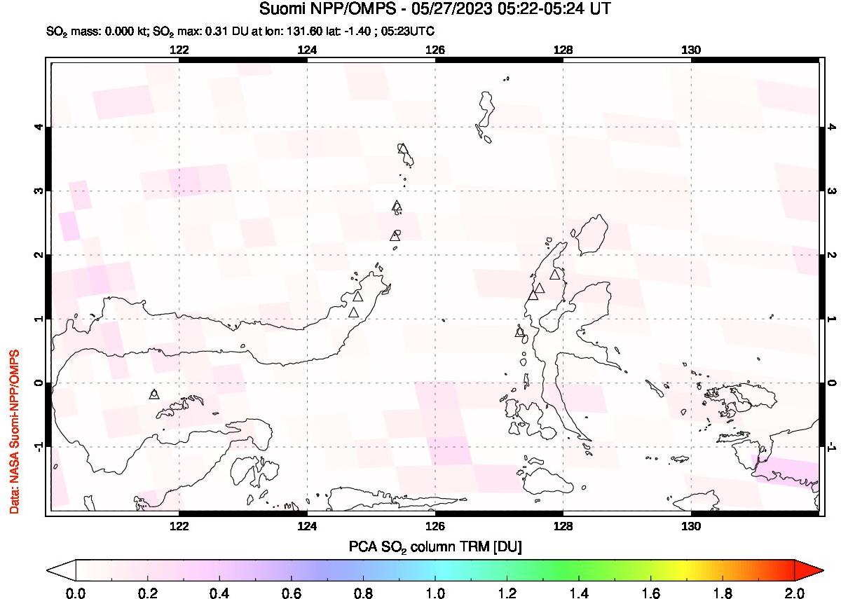 A sulfur dioxide image over Northern Sulawesi & Halmahera, Indonesia on May 27, 2023.