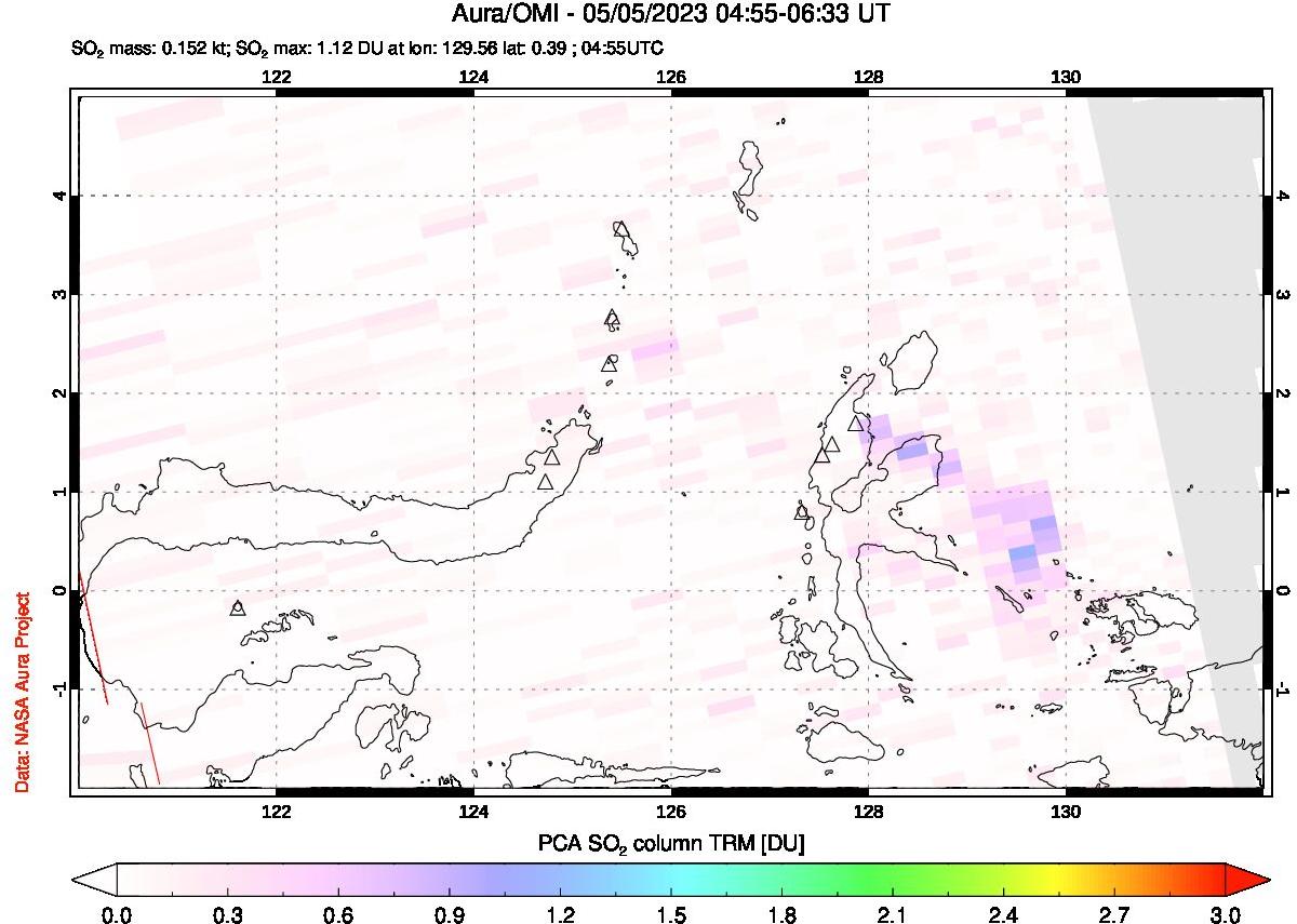 A sulfur dioxide image over Northern Sulawesi & Halmahera, Indonesia on May 05, 2023.