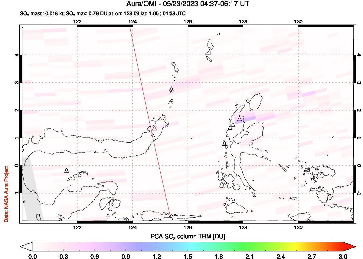 A sulfur dioxide image over Northern Sulawesi & Halmahera, Indonesia on May 23, 2023.