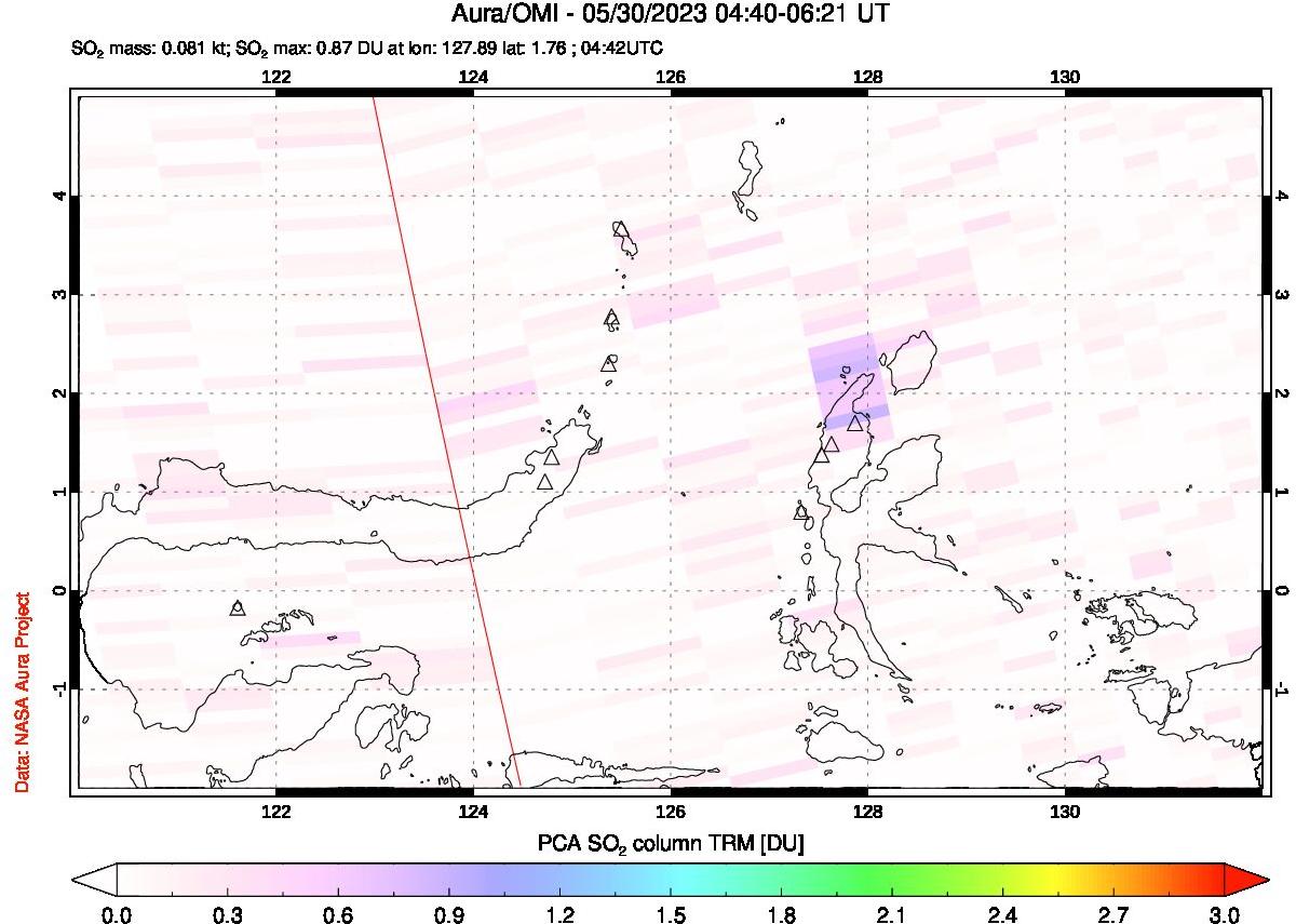 A sulfur dioxide image over Northern Sulawesi & Halmahera, Indonesia on May 30, 2023.