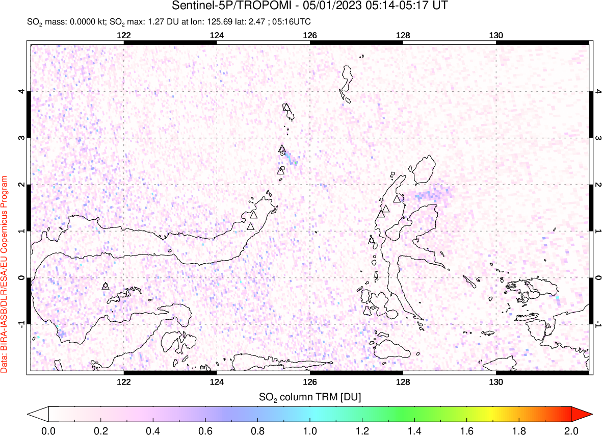 A sulfur dioxide image over Northern Sulawesi & Halmahera, Indonesia on May 01, 2023.