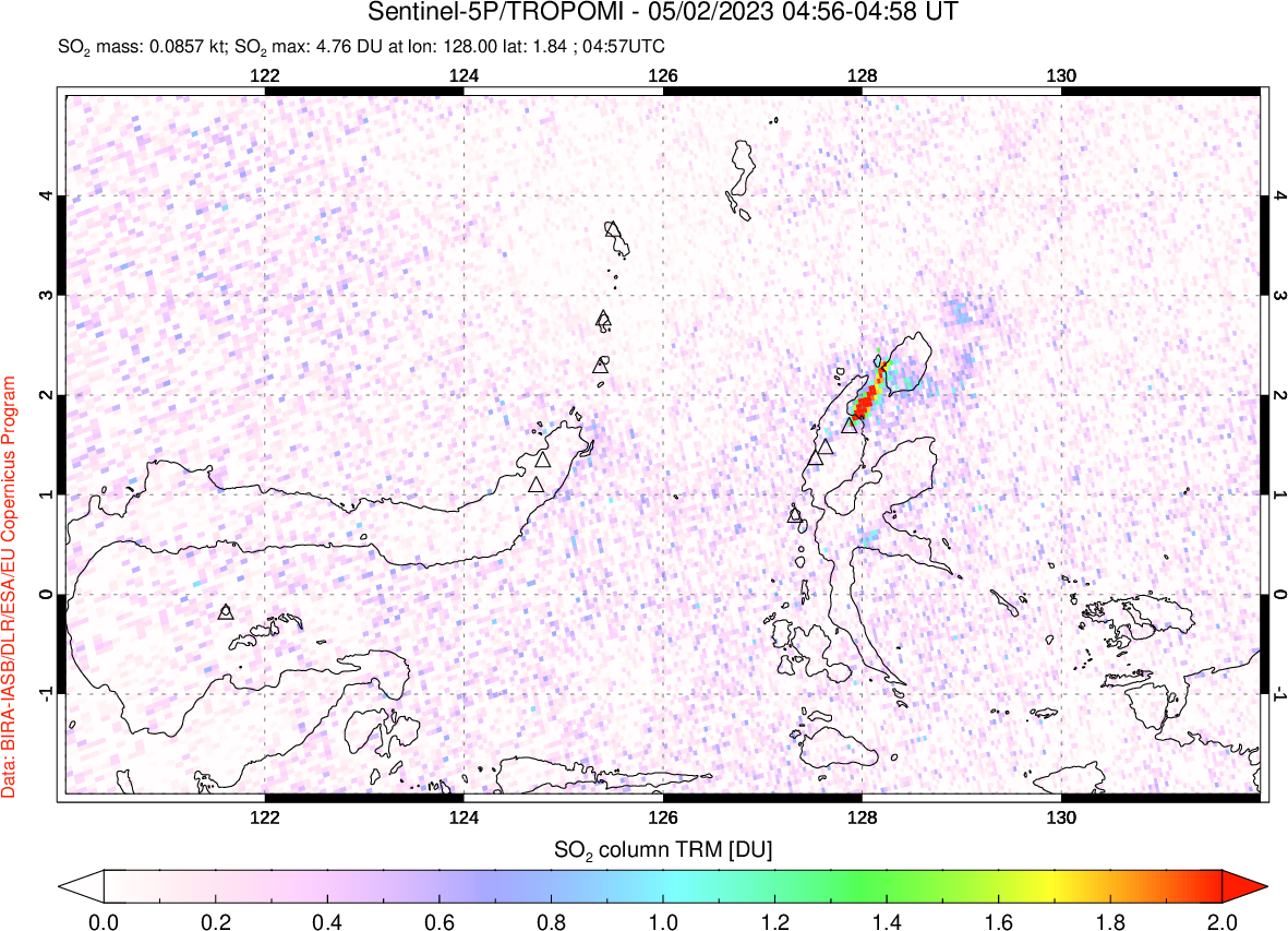 A sulfur dioxide image over Northern Sulawesi & Halmahera, Indonesia on May 02, 2023.