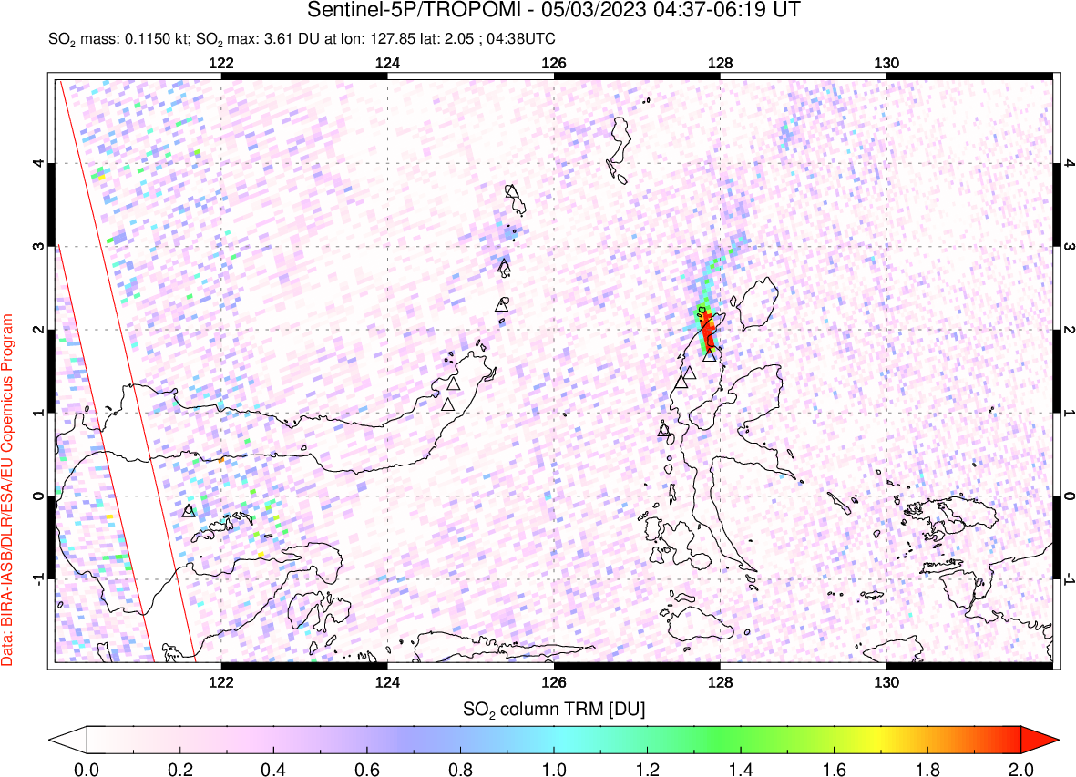 A sulfur dioxide image over Northern Sulawesi & Halmahera, Indonesia on May 03, 2023.
