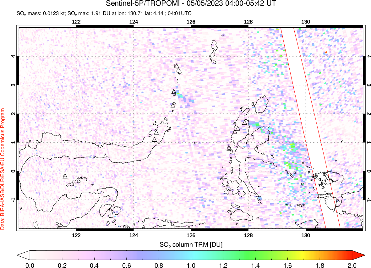 A sulfur dioxide image over Northern Sulawesi & Halmahera, Indonesia on May 05, 2023.