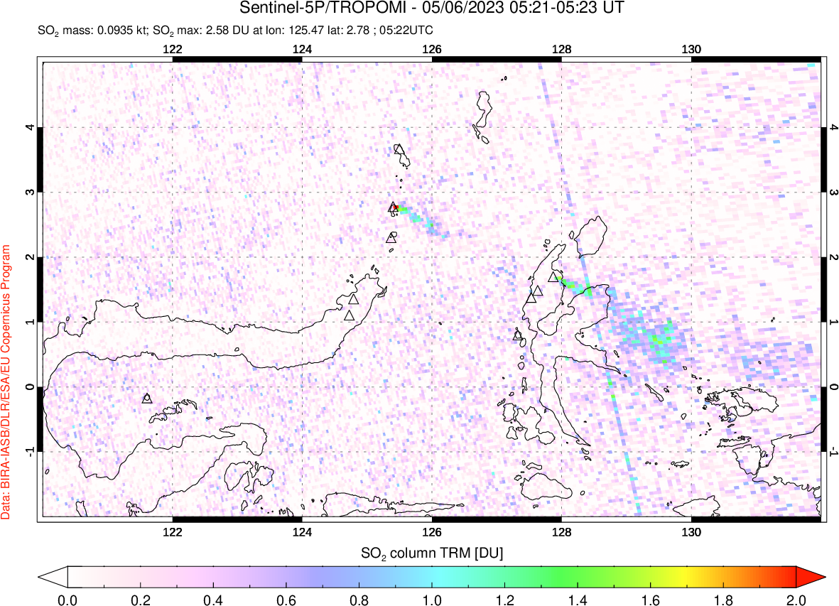 A sulfur dioxide image over Northern Sulawesi & Halmahera, Indonesia on May 06, 2023.