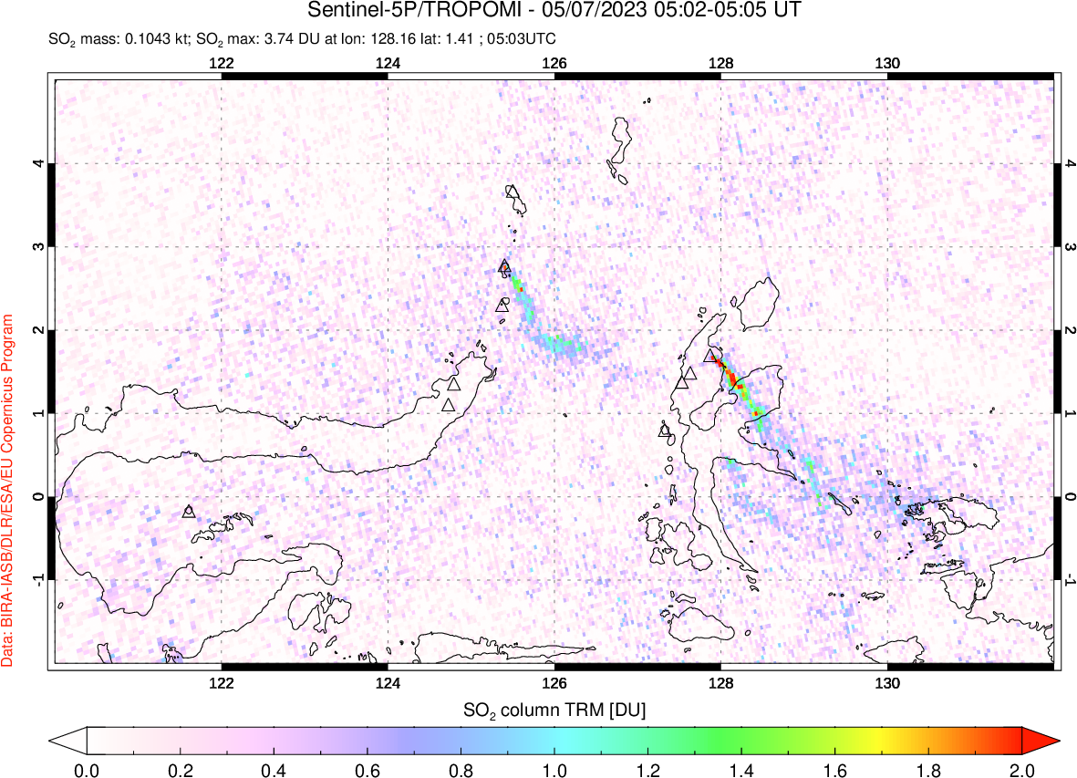 A sulfur dioxide image over Northern Sulawesi & Halmahera, Indonesia on May 07, 2023.