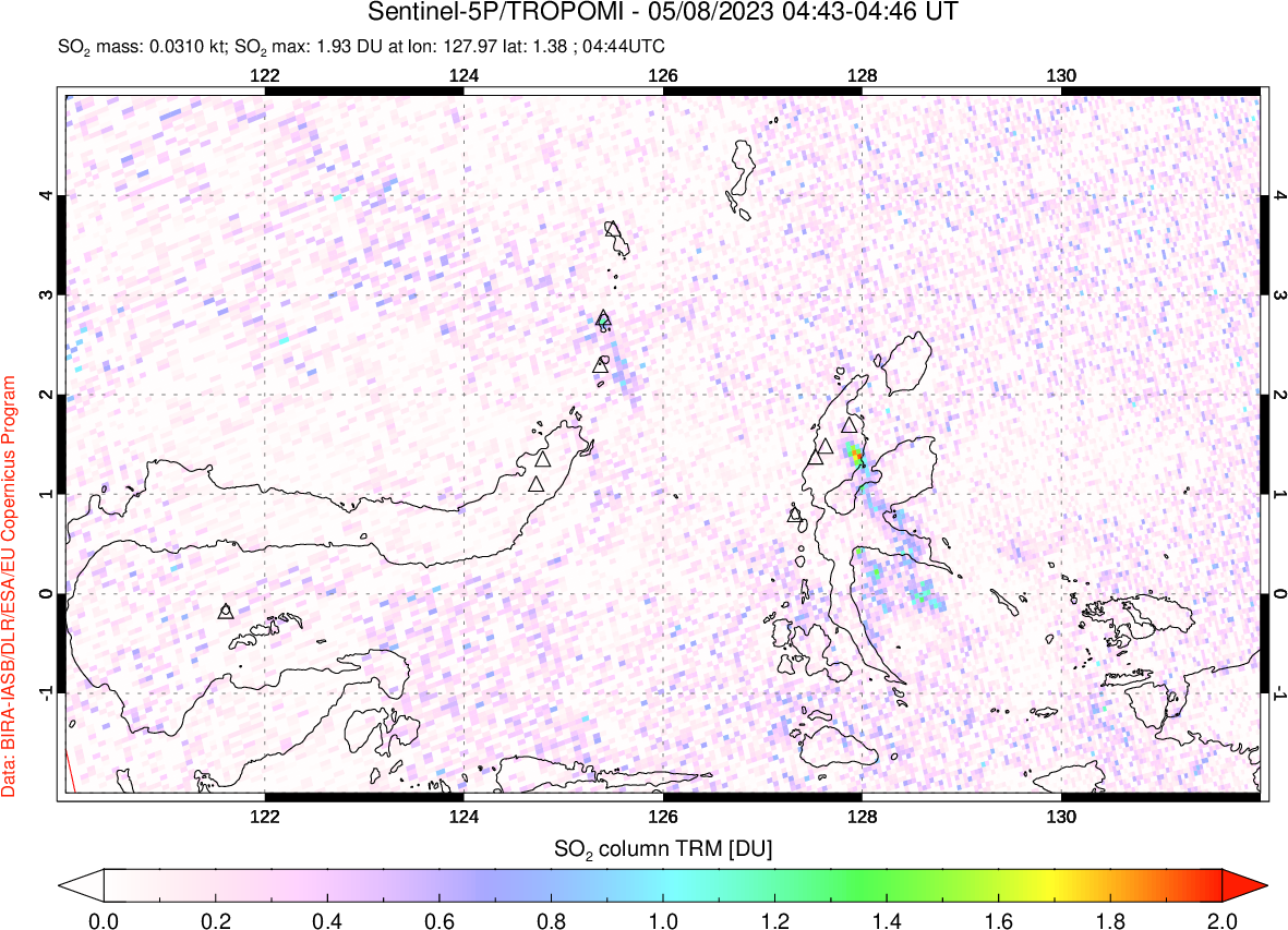 A sulfur dioxide image over Northern Sulawesi & Halmahera, Indonesia on May 08, 2023.