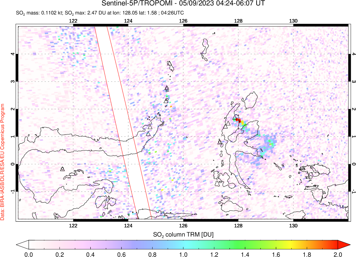 A sulfur dioxide image over Northern Sulawesi & Halmahera, Indonesia on May 09, 2023.