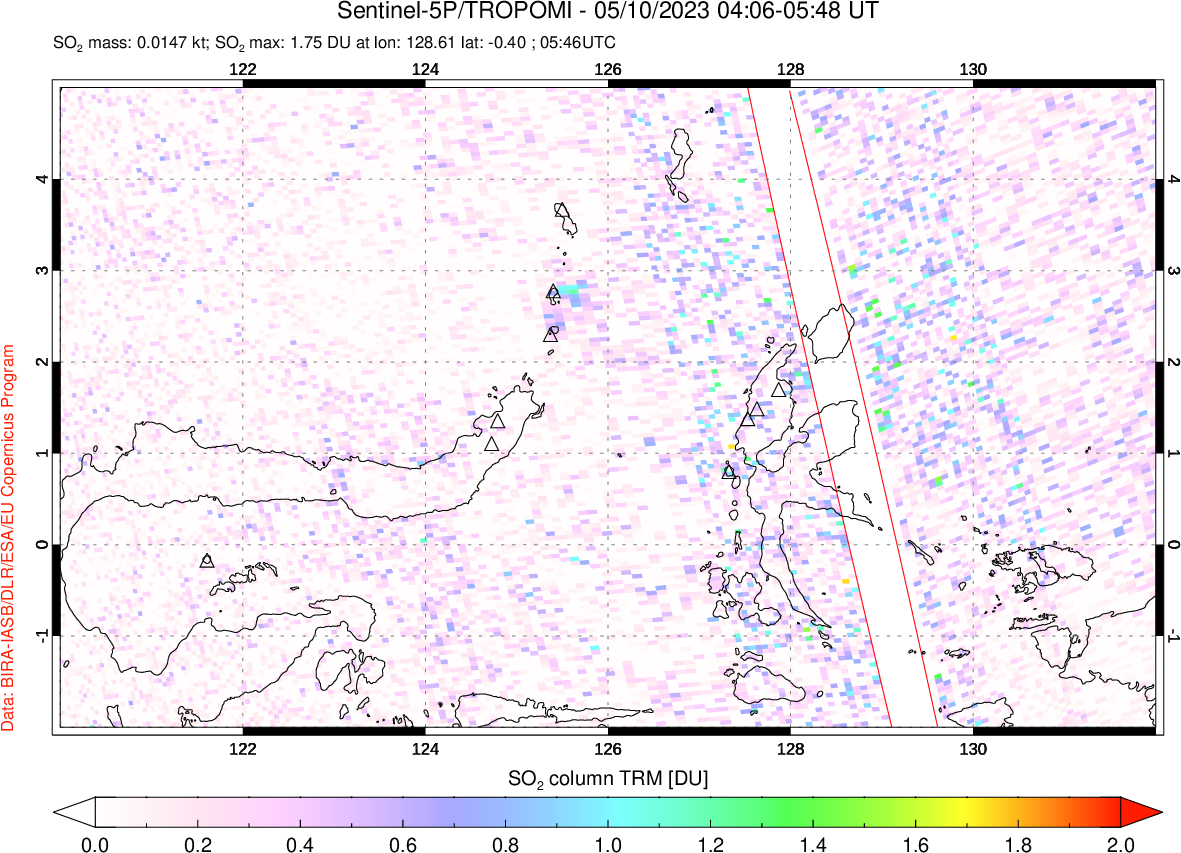 A sulfur dioxide image over Northern Sulawesi & Halmahera, Indonesia on May 10, 2023.