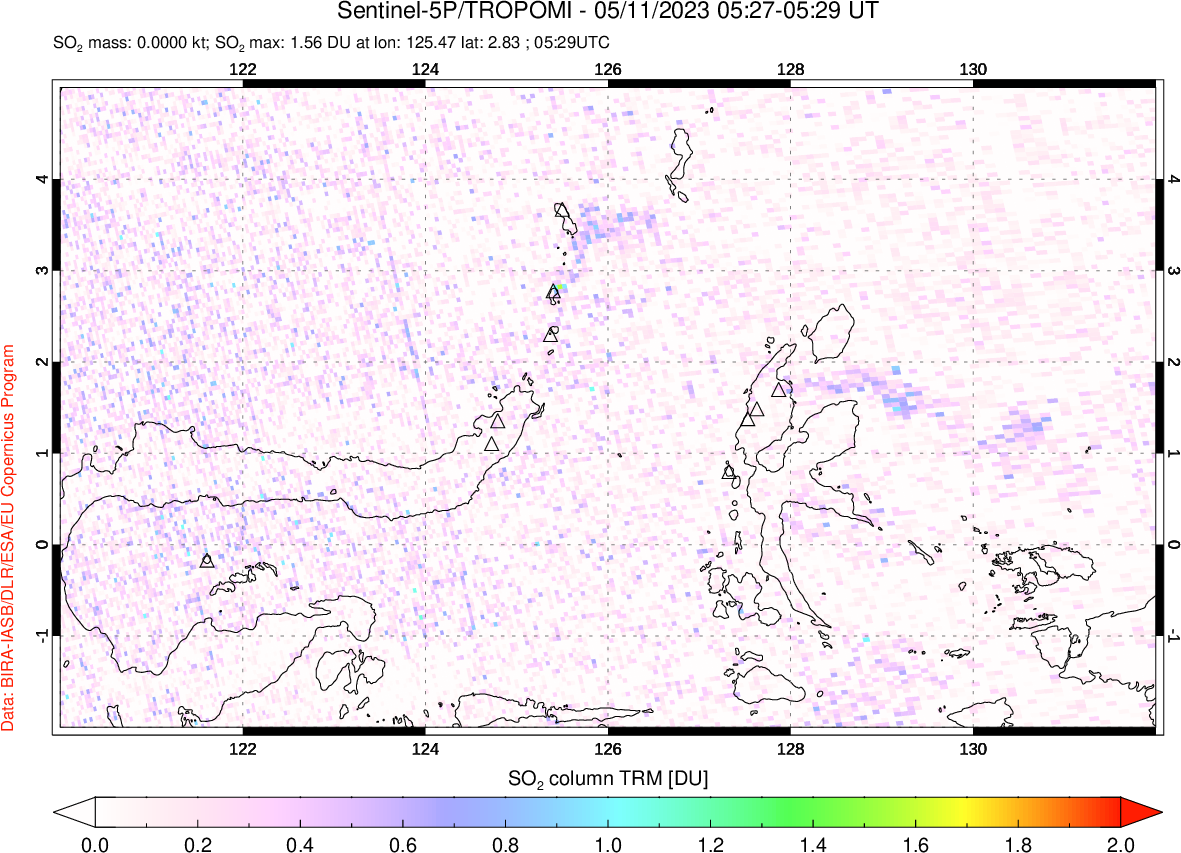 A sulfur dioxide image over Northern Sulawesi & Halmahera, Indonesia on May 11, 2023.