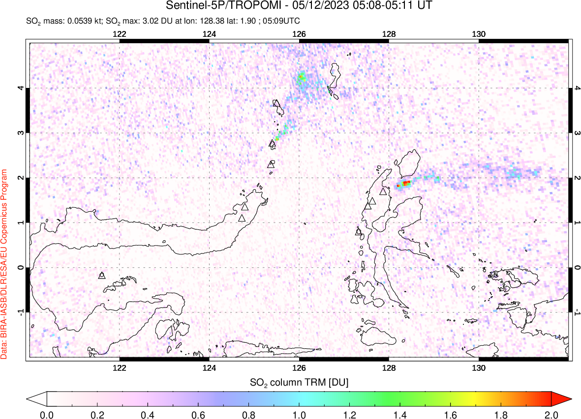 A sulfur dioxide image over Northern Sulawesi & Halmahera, Indonesia on May 12, 2023.