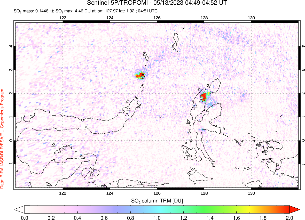A sulfur dioxide image over Northern Sulawesi & Halmahera, Indonesia on May 13, 2023.