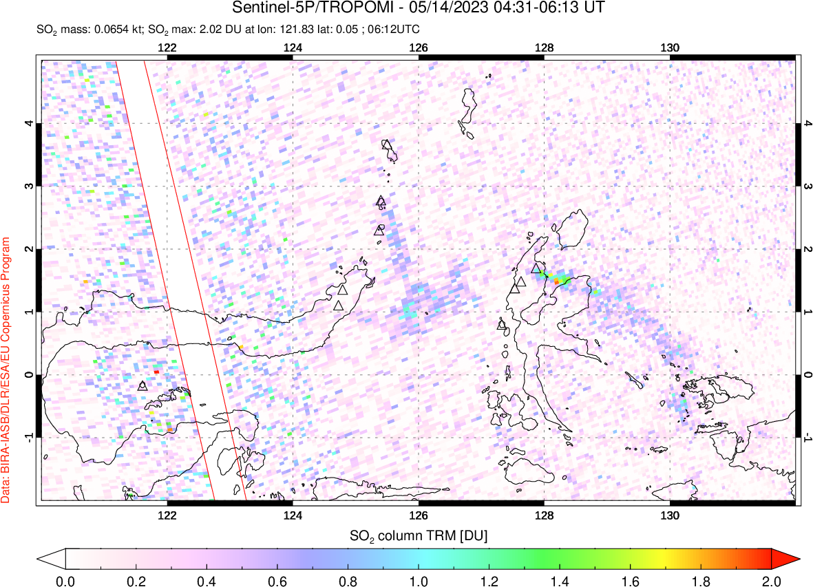 A sulfur dioxide image over Northern Sulawesi & Halmahera, Indonesia on May 14, 2023.