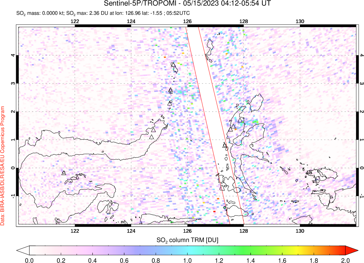 A sulfur dioxide image over Northern Sulawesi & Halmahera, Indonesia on May 15, 2023.