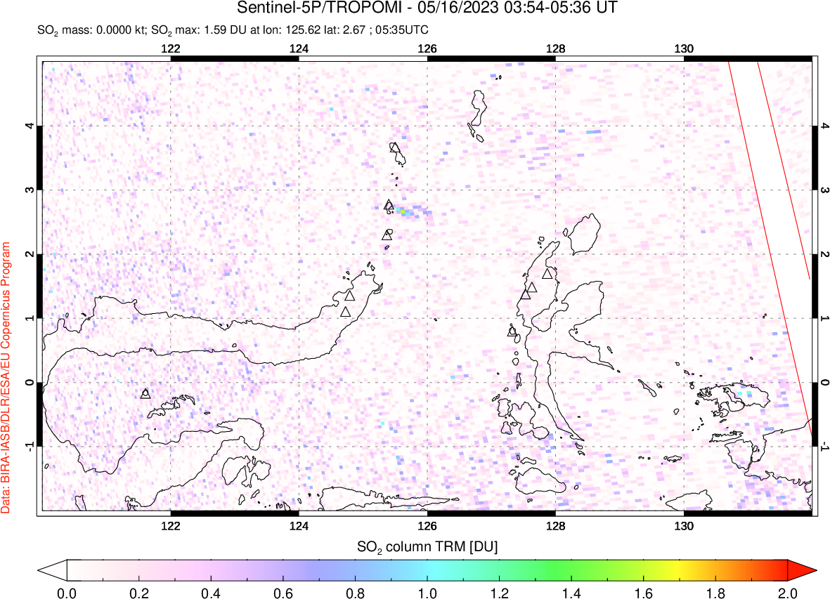 A sulfur dioxide image over Northern Sulawesi & Halmahera, Indonesia on May 16, 2023.