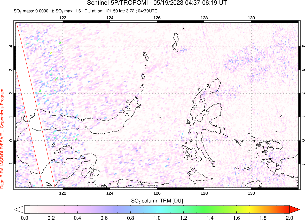 A sulfur dioxide image over Northern Sulawesi & Halmahera, Indonesia on May 19, 2023.