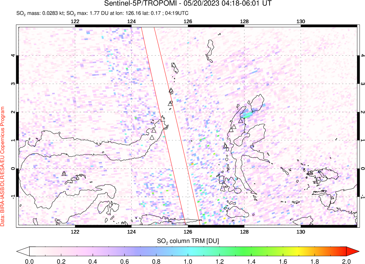 A sulfur dioxide image over Northern Sulawesi & Halmahera, Indonesia on May 20, 2023.