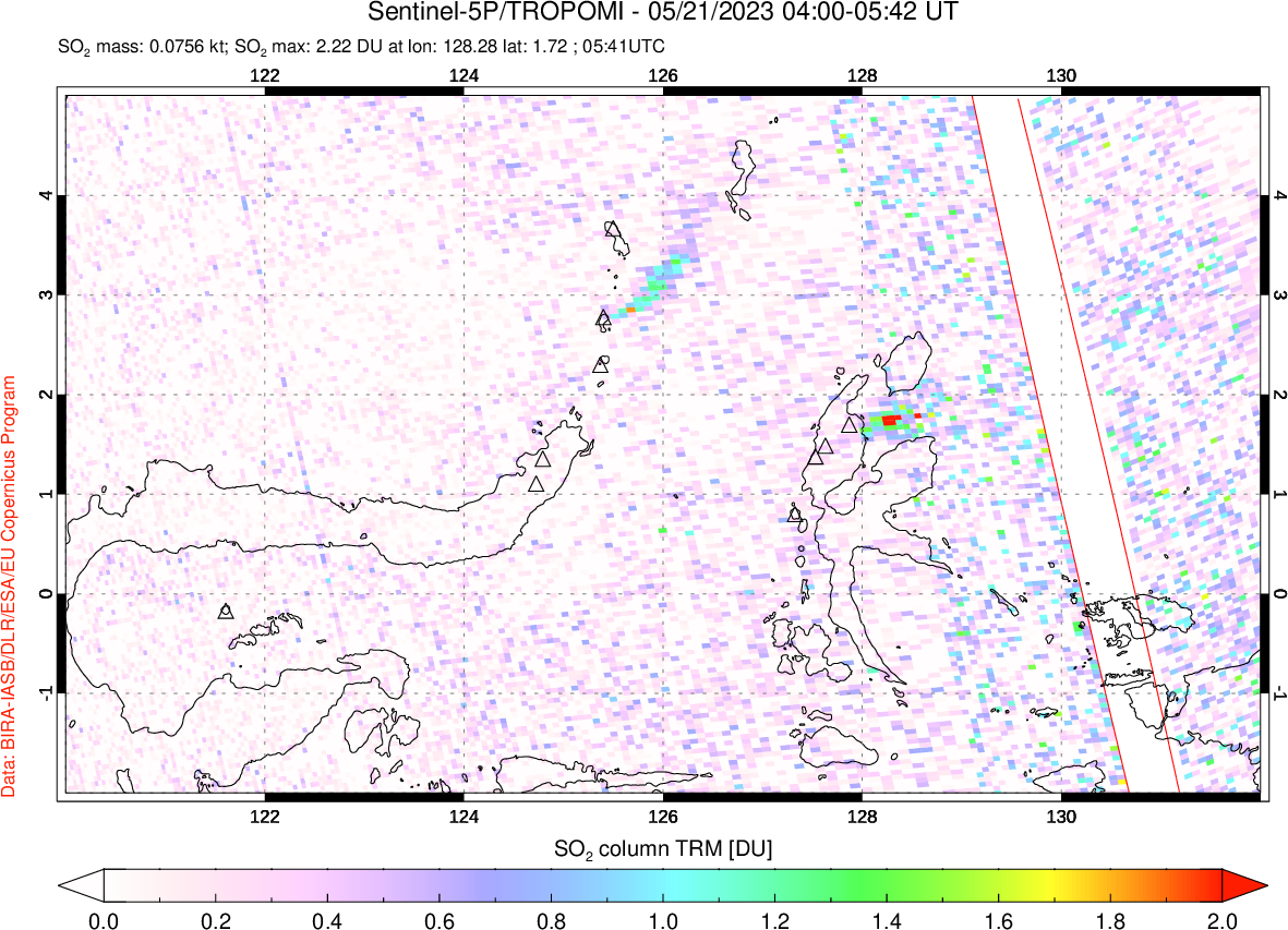 A sulfur dioxide image over Northern Sulawesi & Halmahera, Indonesia on May 21, 2023.