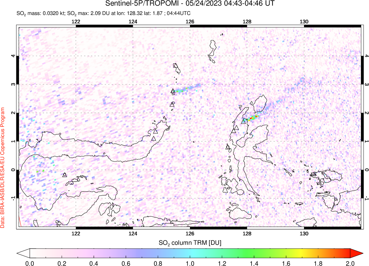 A sulfur dioxide image over Northern Sulawesi & Halmahera, Indonesia on May 24, 2023.