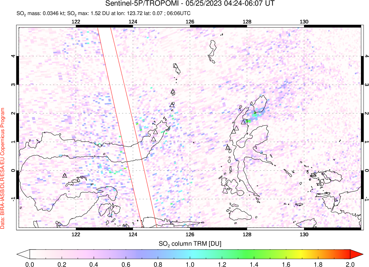 A sulfur dioxide image over Northern Sulawesi & Halmahera, Indonesia on May 25, 2023.
