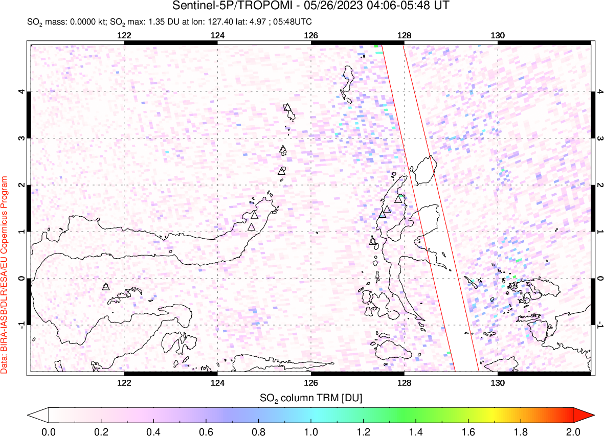 A sulfur dioxide image over Northern Sulawesi & Halmahera, Indonesia on May 26, 2023.