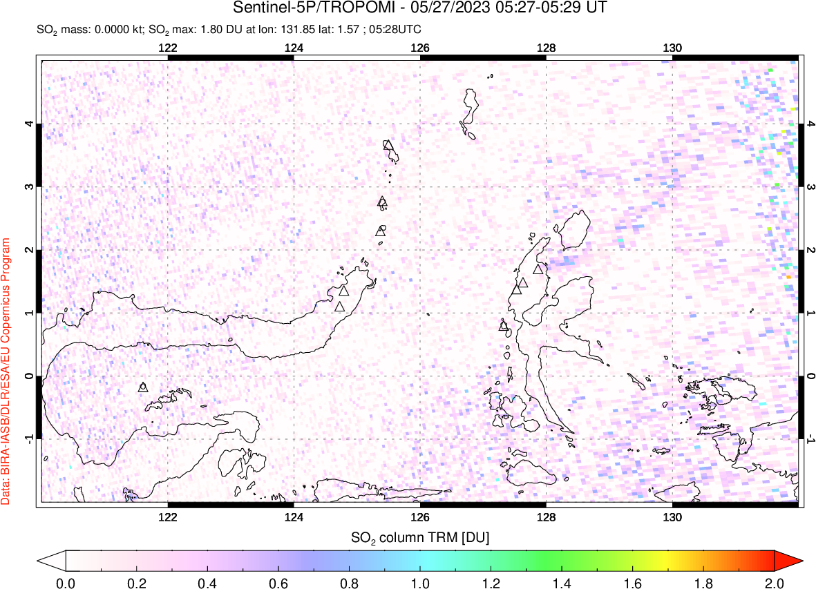 A sulfur dioxide image over Northern Sulawesi & Halmahera, Indonesia on May 27, 2023.