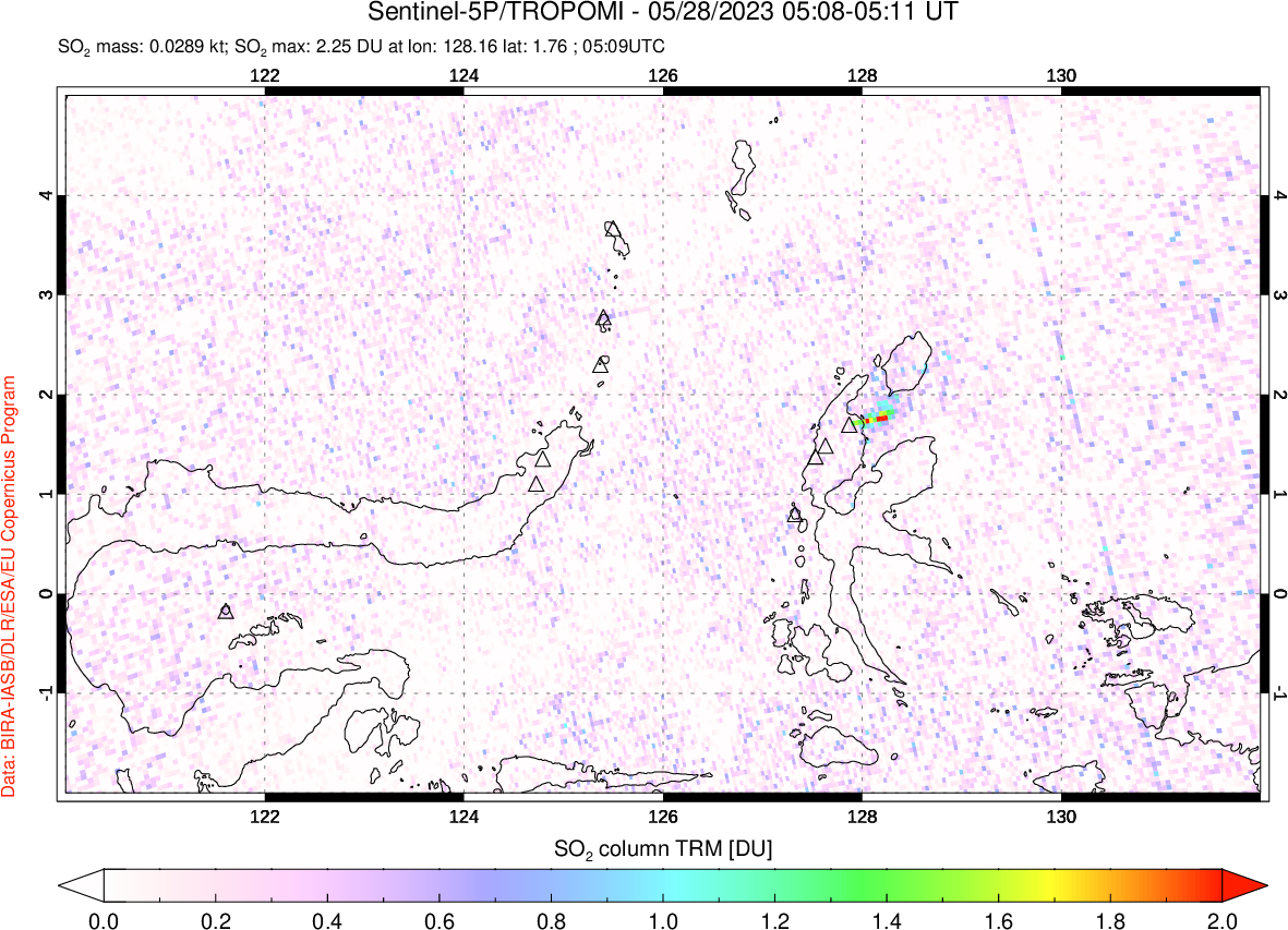 A sulfur dioxide image over Northern Sulawesi & Halmahera, Indonesia on May 28, 2023.