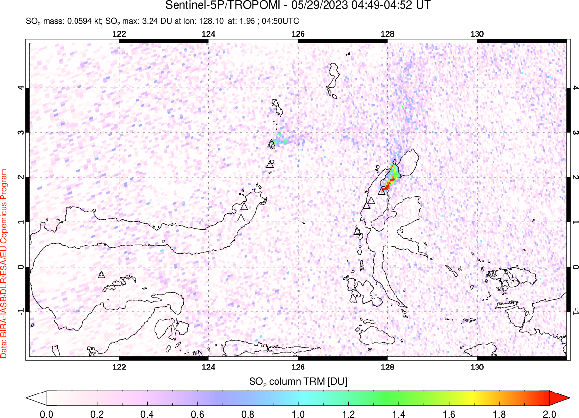 A sulfur dioxide image over Northern Sulawesi & Halmahera, Indonesia on May 29, 2023.