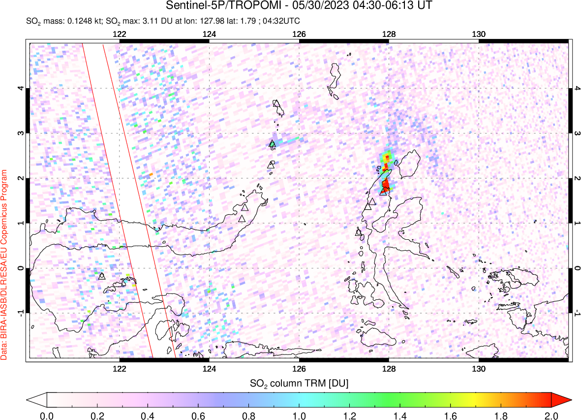 A sulfur dioxide image over Northern Sulawesi & Halmahera, Indonesia on May 30, 2023.