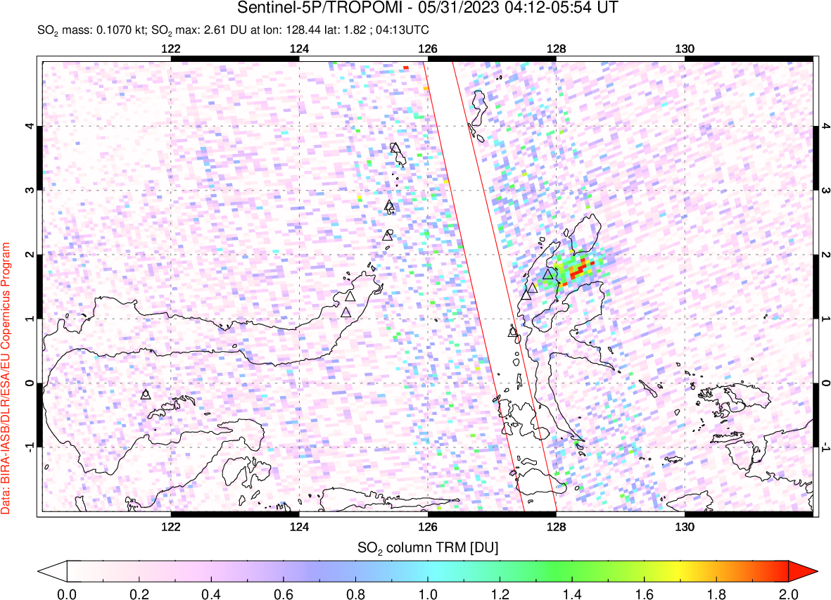 A sulfur dioxide image over Northern Sulawesi & Halmahera, Indonesia on May 31, 2023.