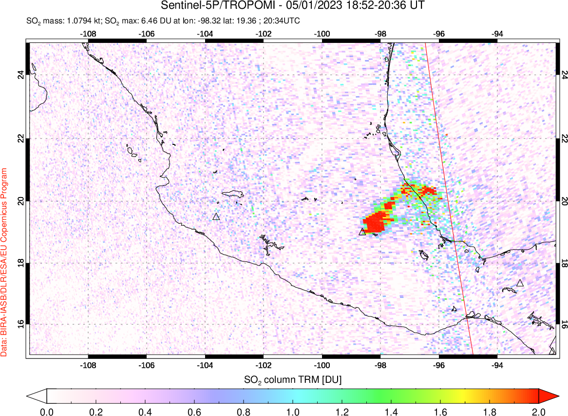 A sulfur dioxide image over Mexico on May 01, 2023.