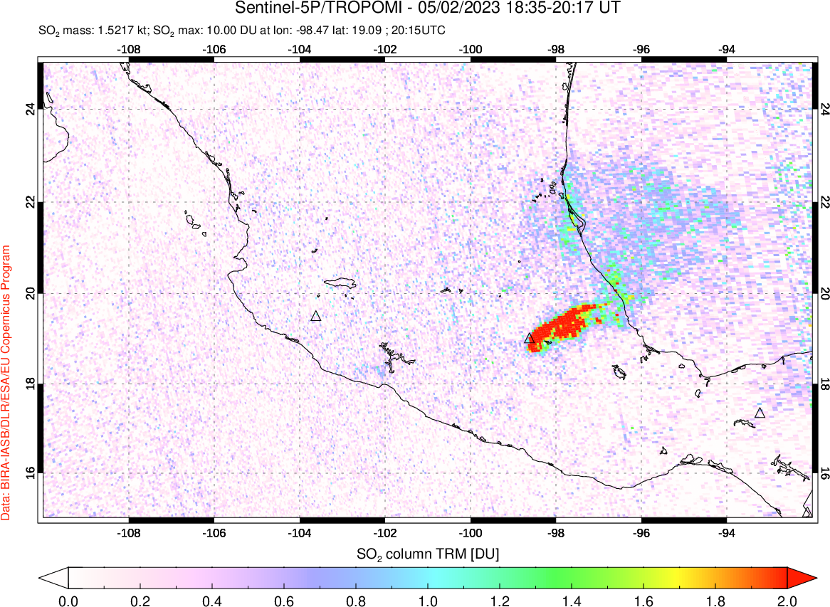 A sulfur dioxide image over Mexico on May 02, 2023.