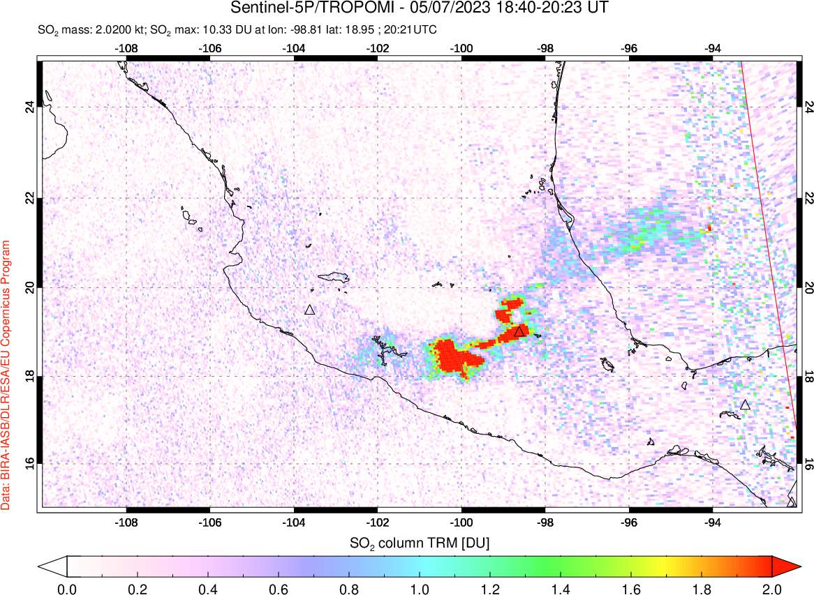 A sulfur dioxide image over Mexico on May 07, 2023.