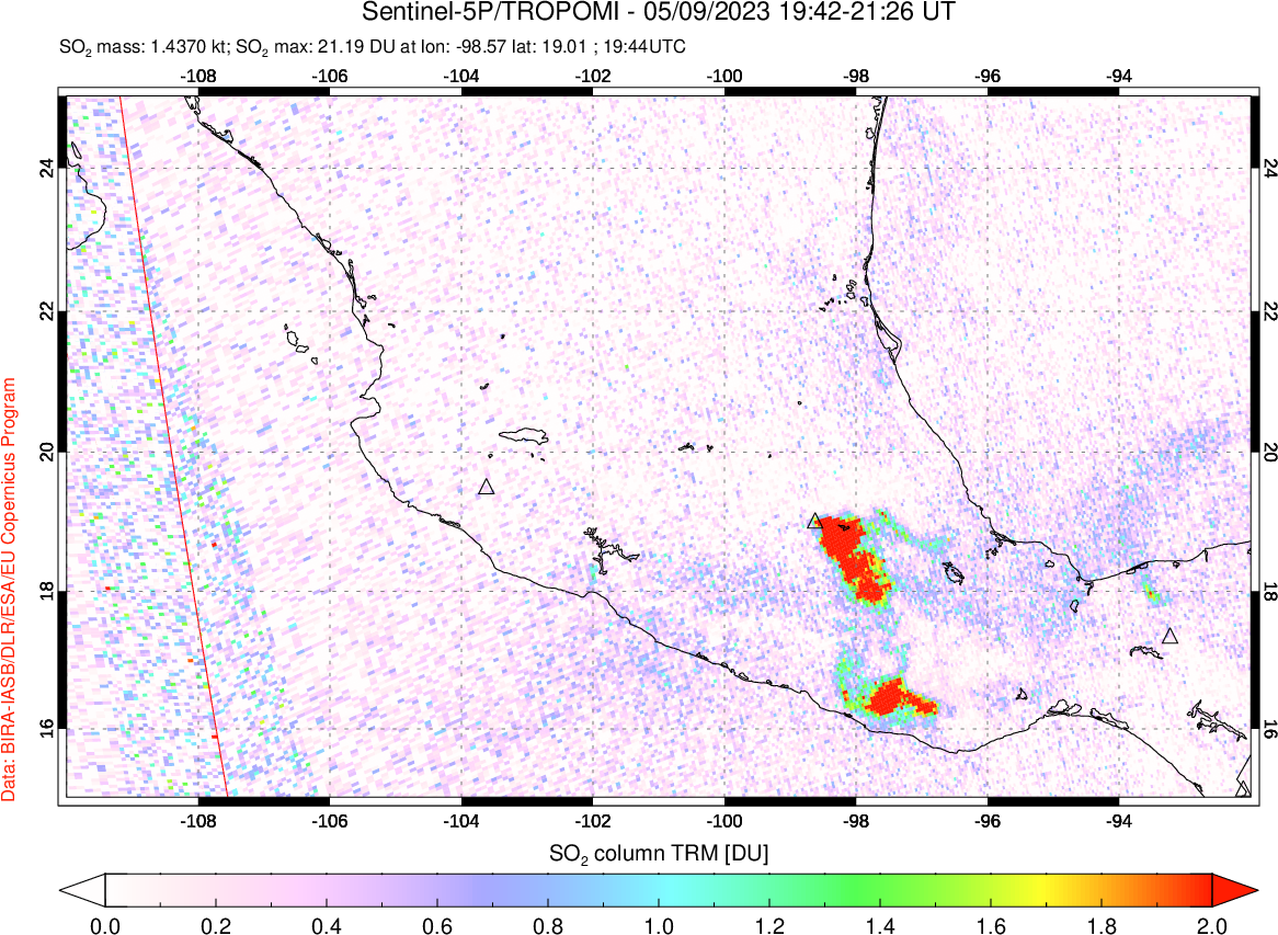 A sulfur dioxide image over Mexico on May 09, 2023.