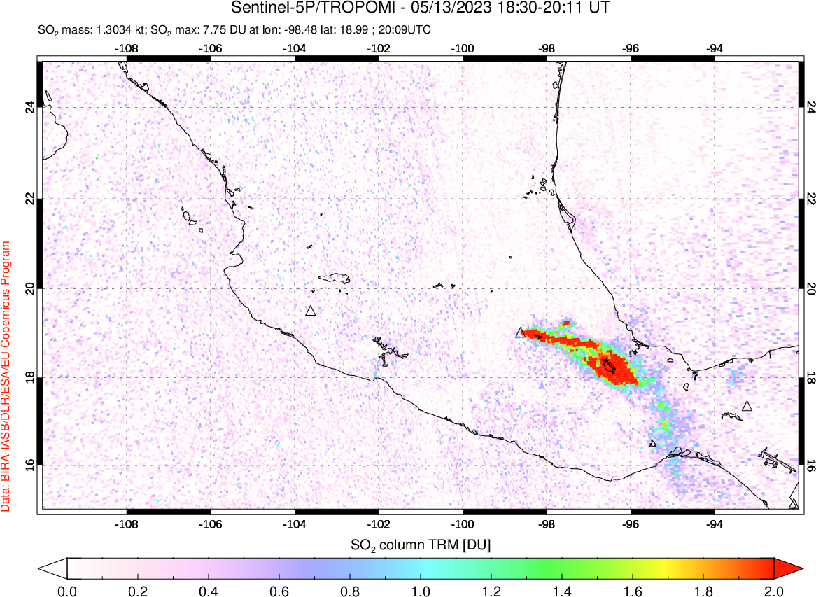 A sulfur dioxide image over Mexico on May 13, 2023.