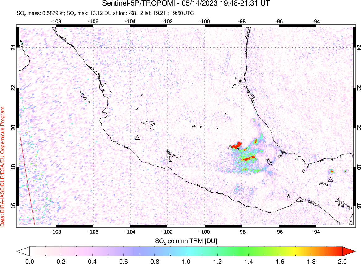A sulfur dioxide image over Mexico on May 14, 2023.